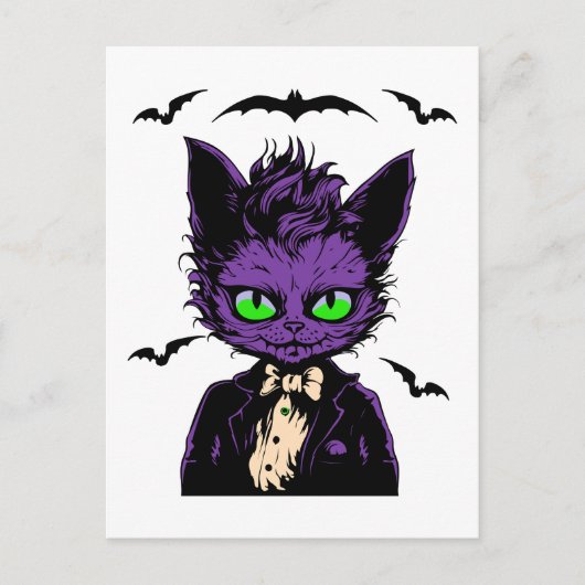 Paarse Halloweenkat met vleermuizen Briefkaart (Voorkant)