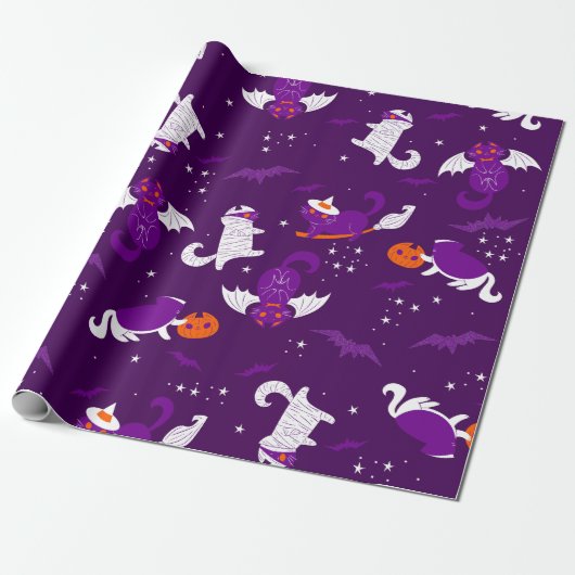 paarse Halloweenkatten Mummy Vampire Bat Witch Cadeaupapier (Uitgerold)