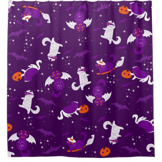 paarse Halloweenkatten Mummy Vampire Bat Witch Douchegordijn (Voorkant)