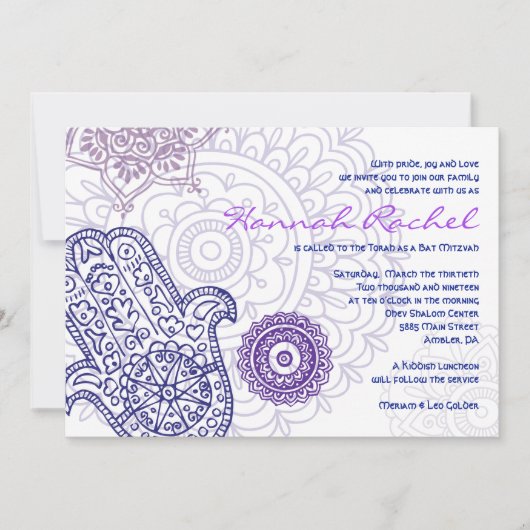 Paarse HAMSA-HAND VAN GOD Bat Mitzvah Uitnodiging (Voorkant)