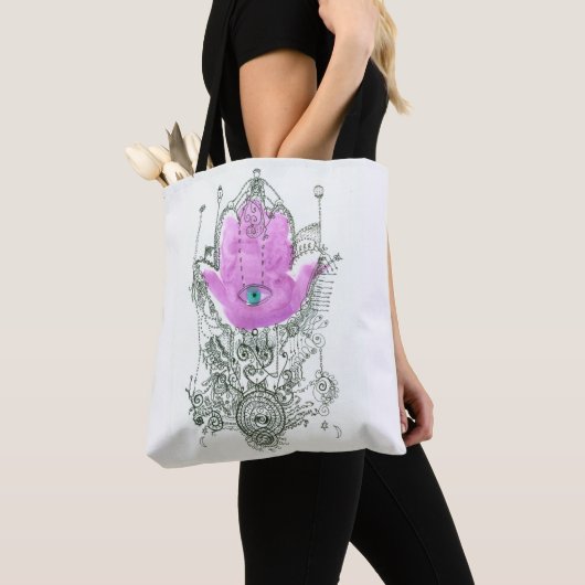 Paarse Hamsa met Arabische Canvas tas "Niet moeili (Dichtbij)