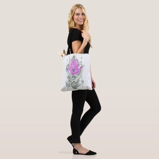 Paarse Hamsa met Arabische Canvas tas "Niet moeili (Op model)