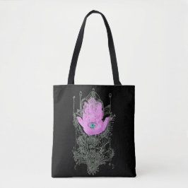 Paarse Hamsa Talmud Quote op zwart Tote Bag