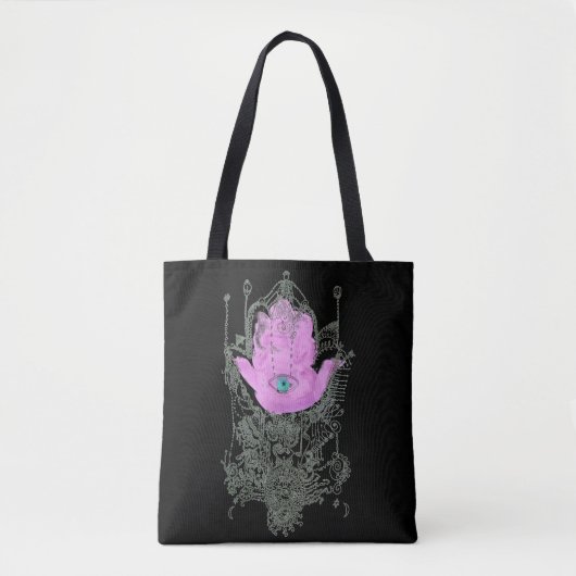 Paarse Hamsa Talmud Quote op zwart Tote Bag (Voorkant)