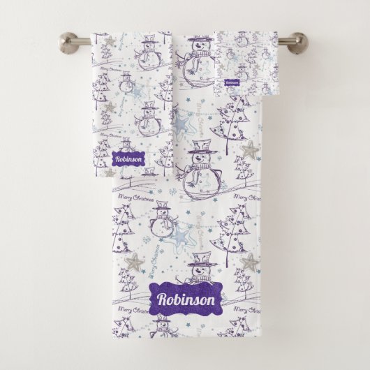 Paarse hand Drawn Jolly Xmas Snowman Bad Handdoek (Insitu)