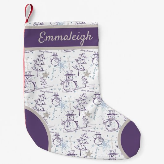 Paarse hand Drawn Snowman Kerstmis Kleine Kerstsok (Voorkant)