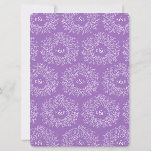 Paarse hand getrokken blad monogram kunst bruiloft kaart (Achterkant)
