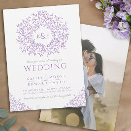 Paarse hand getrokken blad monogram kunst bruiloft kaart