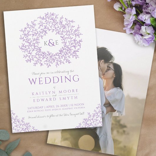 Paarse hand getrokken blad monogram kunst bruiloft kaart