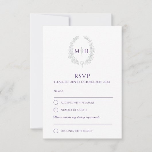 Paarse hand getrokken blad monogram RSVP bruiloft (Achterkant)