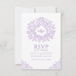 Paarse hand getrokken blad monogram RSVP bruiloft Kaartje