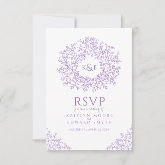 Paarse hand getrokken blad monogram RSVP bruiloft Kaartje (Voorkant)