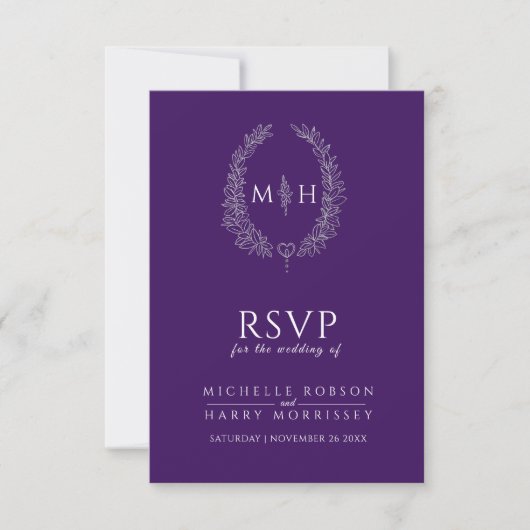 Paarse hand getrokken blad monogram RSVP bruiloft Kaartje (Voorkant)