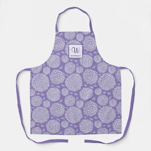 Paarse Hand-getrokken bloemenpatroon Monogram Scho Schort (Voorkant)