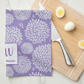 Paarse Hand-getrokken bloemenpatroon Monogram Theedoek (Quarter Fold)