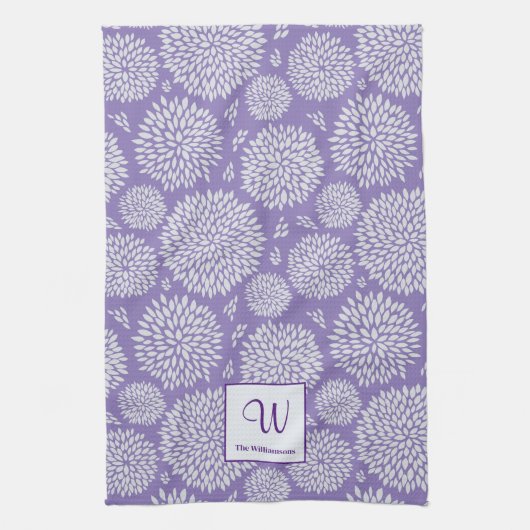Paarse Hand-getrokken bloemenpatroon Monogram Theedoek (Verticaal)