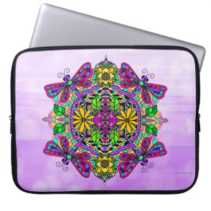 Paarse hand getrokken Dragonfly Mandala Laptop Sleeve