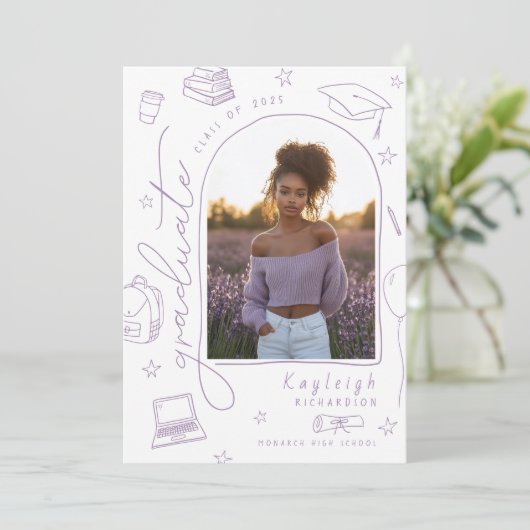 Paarse Hand Getrokken Foto Afstuderen Aankondiging (Staand voorkant)