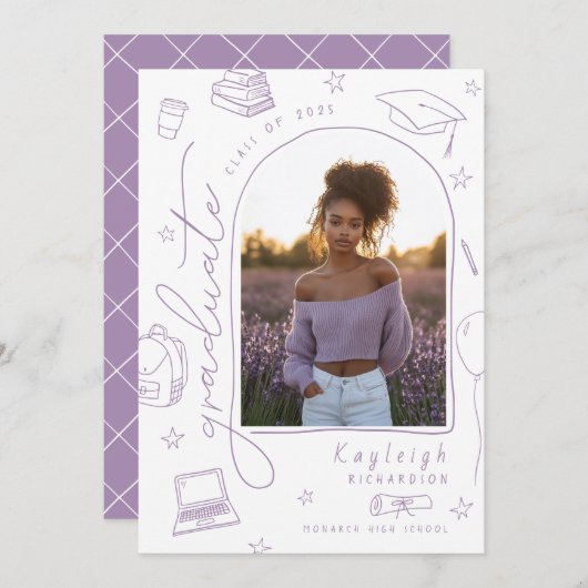 Paarse Hand Getrokken Foto Afstuderen Aankondiging (Voorkant / Achterkant)