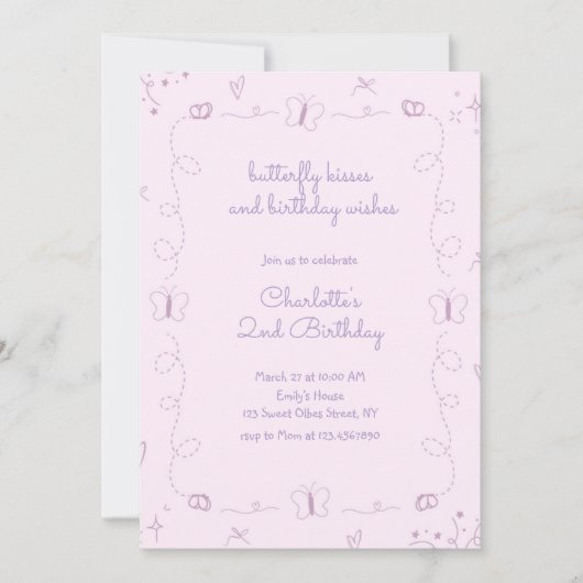 Paarse Hand Getrokken Vlinder Verjaardag grillig Kaart (Voorkant)