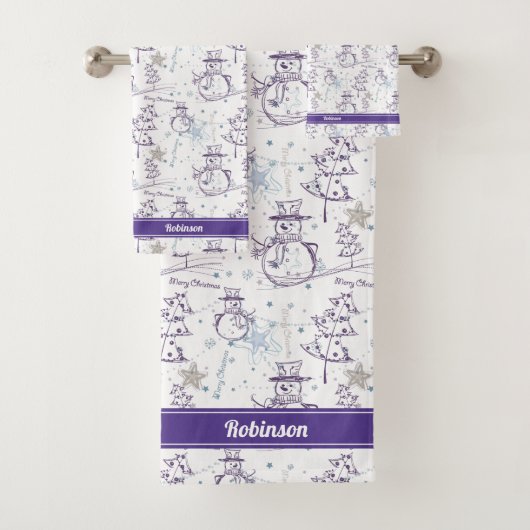 Paarse Hand Getrokken Xmas Sneeuwman Streep Bad Handdoek (Insitu)