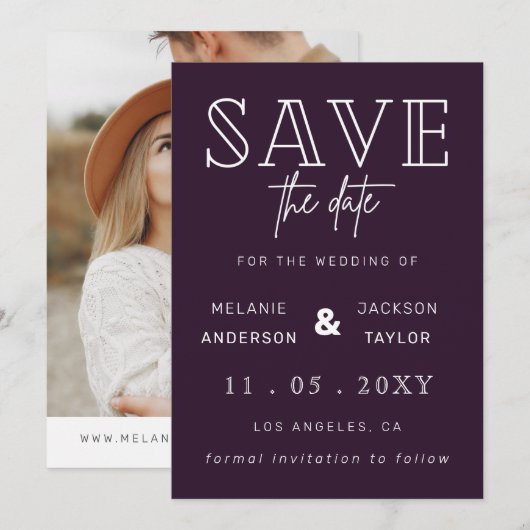 Paarse handgeschreven kalligrafie foto slaat de da save the date (Voorkant / Achterkant)