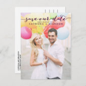 Paarse handgeschreven scriptfoto Onze datum opslaa Aankondigingskaart (Voorkant / Achterkant)