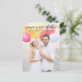 Paarse handgeschreven scriptfoto Onze datum opslaa Aankondigingskaart (Staand voorkant)