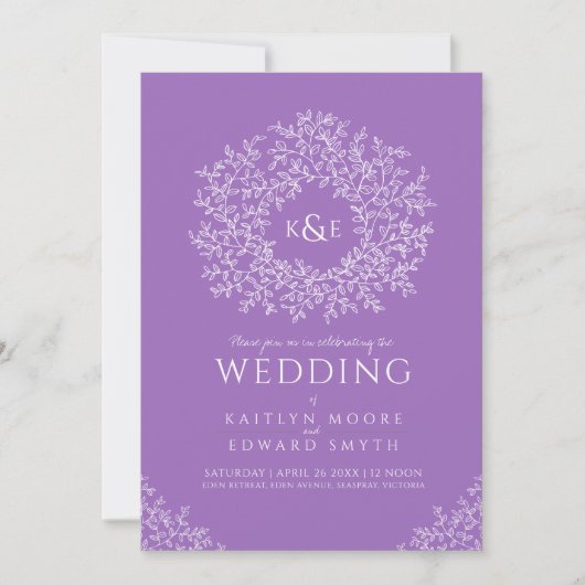 Paarse handgetekende springbladbotanische krans kaart (Voorkant)