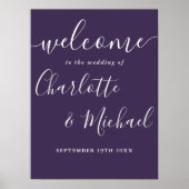 Paarse handtekening script huwelijks welkomstbord poster (Voorkant)