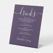 Paarse handtekening script huwelijksdrankenmenu reclamebord met voetstuk (Voorkant)