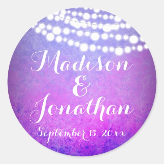 Paarse Hangende Fairy Twinkle Lights Bruiloft Ronde Sticker (Voorkant)