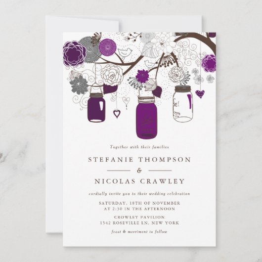 Paarse hangende mason jars bruiloft kaart (Voorkant)