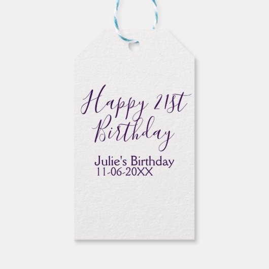 Paarse Happy 21st Verjaardag Naam Datum Sleutelhan Cadeaulabel (Achterkant)