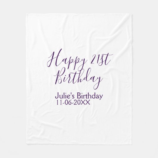 Paarse Happy 21st Verjaardag Naam Datum Sleutelhan Fleece Deken (Voorkant)
