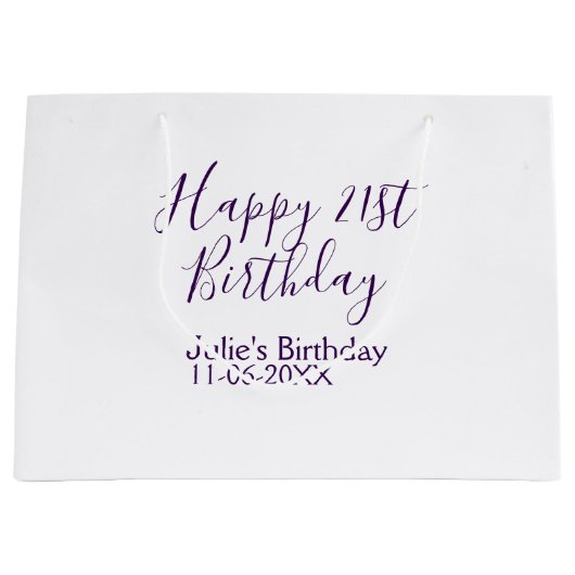 Paarse Happy 21st Verjaardag Naam Datum Sleutelhan Groot Cadeauzakje (Voorkant)