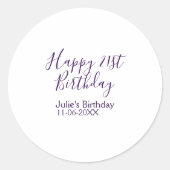 Paarse Happy 21st Verjaardag Naam Datum Sleutelhan Ronde Sticker (Voorkant)