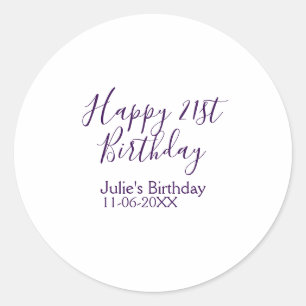 Paarse Happy 21st Verjaardag Naam Datum Sleutelhan Ronde Sticker