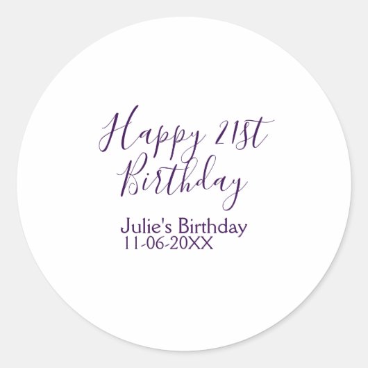 Paarse Happy 21st Verjaardag Naam Datum Sleutelhan Ronde Sticker (Voorkant)