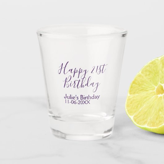 Paarse Happy 21st Verjaardag Naam Datum Sleutelhan Shot Glas (Voorkant)