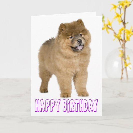 Paarse Happy Birthday Chow Chow Brown Puppy Dog Kaart (Gele Bloem)