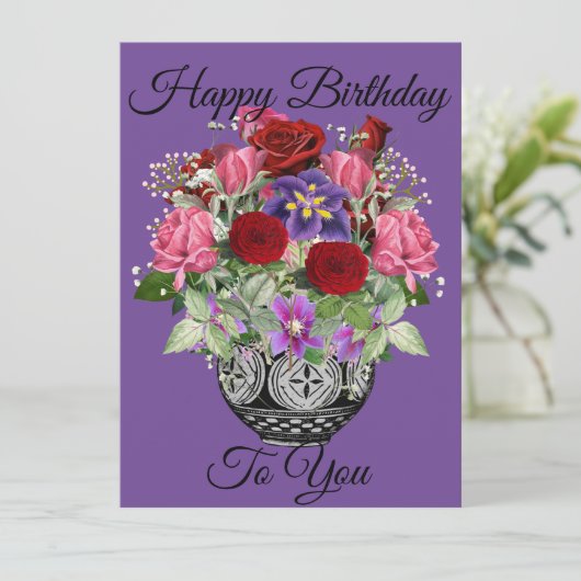 Paarse Happy Birthday Floral Bouquet met Rozen Kaart (Staand voorkant)