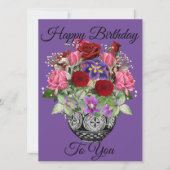 Paarse Happy Birthday Floral Bouquet met Rozen Kaart (Voorkant)