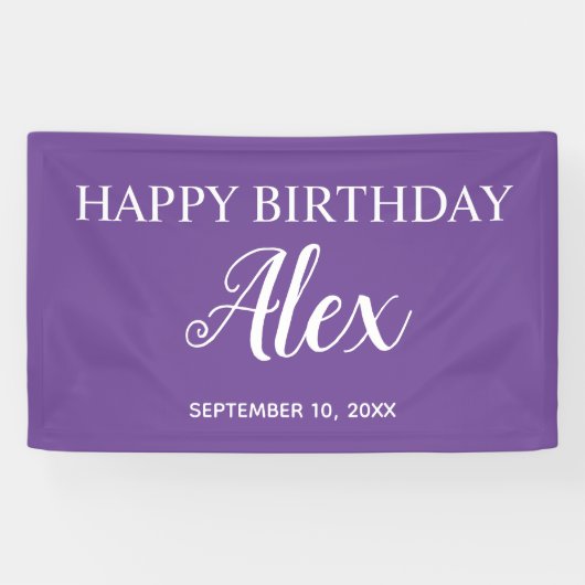 Paarse Happy Birthday partijnaam Spandoek (Horizontaal)