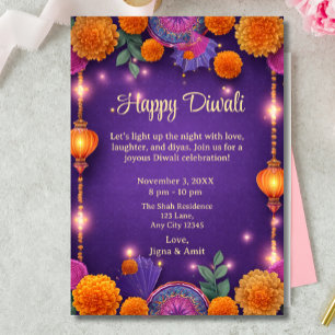 Paarse Happy Diwali vakantielampjes licht Kaart