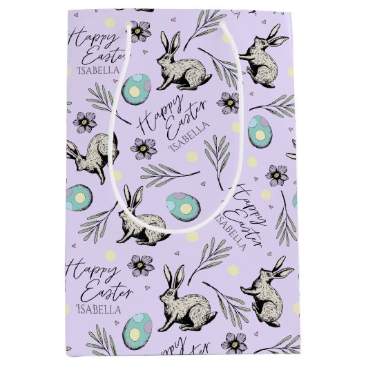 Paarse Happy Easter naam Bunny Medium Cadeauzakje (Voorkant)