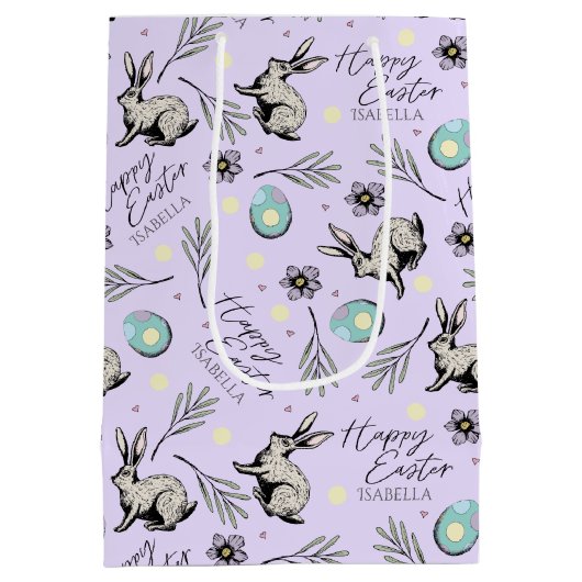 Paarse Happy Easter naam Bunny Medium Cadeauzakje (Achterkant)
