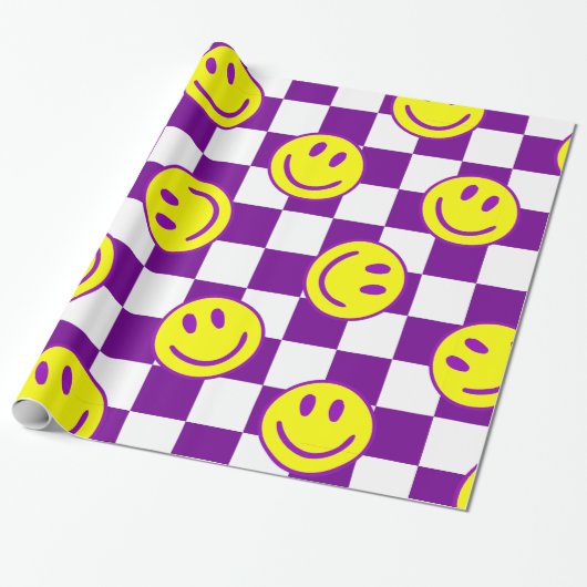 paarse Happy Face Check Groovy Cadeaupapier (Uitgerold)