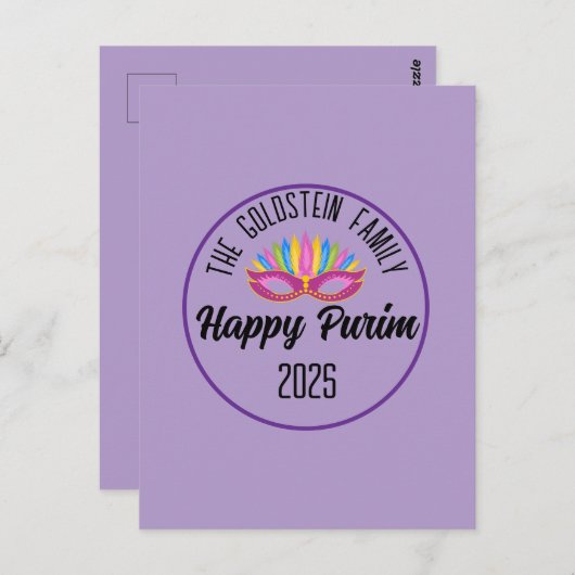 Paarse Happy Purim Feather Mask Briefkaart (Voorkant / Achterkant)