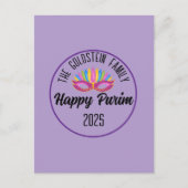 Paarse Happy Purim Feather Mask Briefkaart (Voorkant)